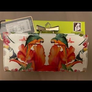 Red Baker tropical Toucan print Matinee white clutch wallet
